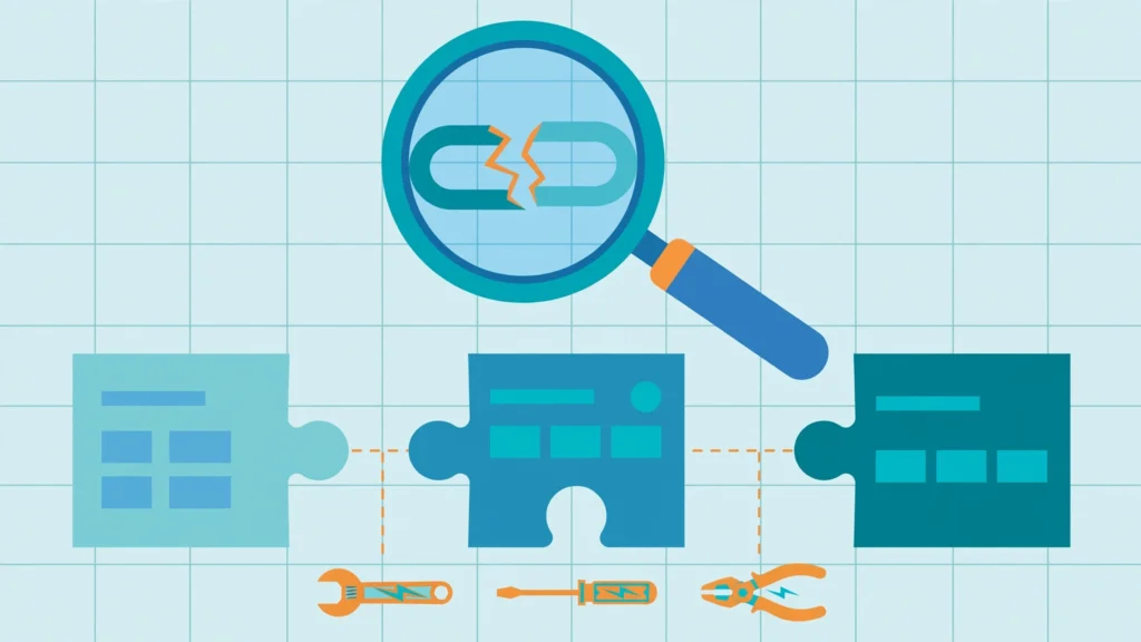 broken link building guide playbook overview with magnifying glass over cracked chain links