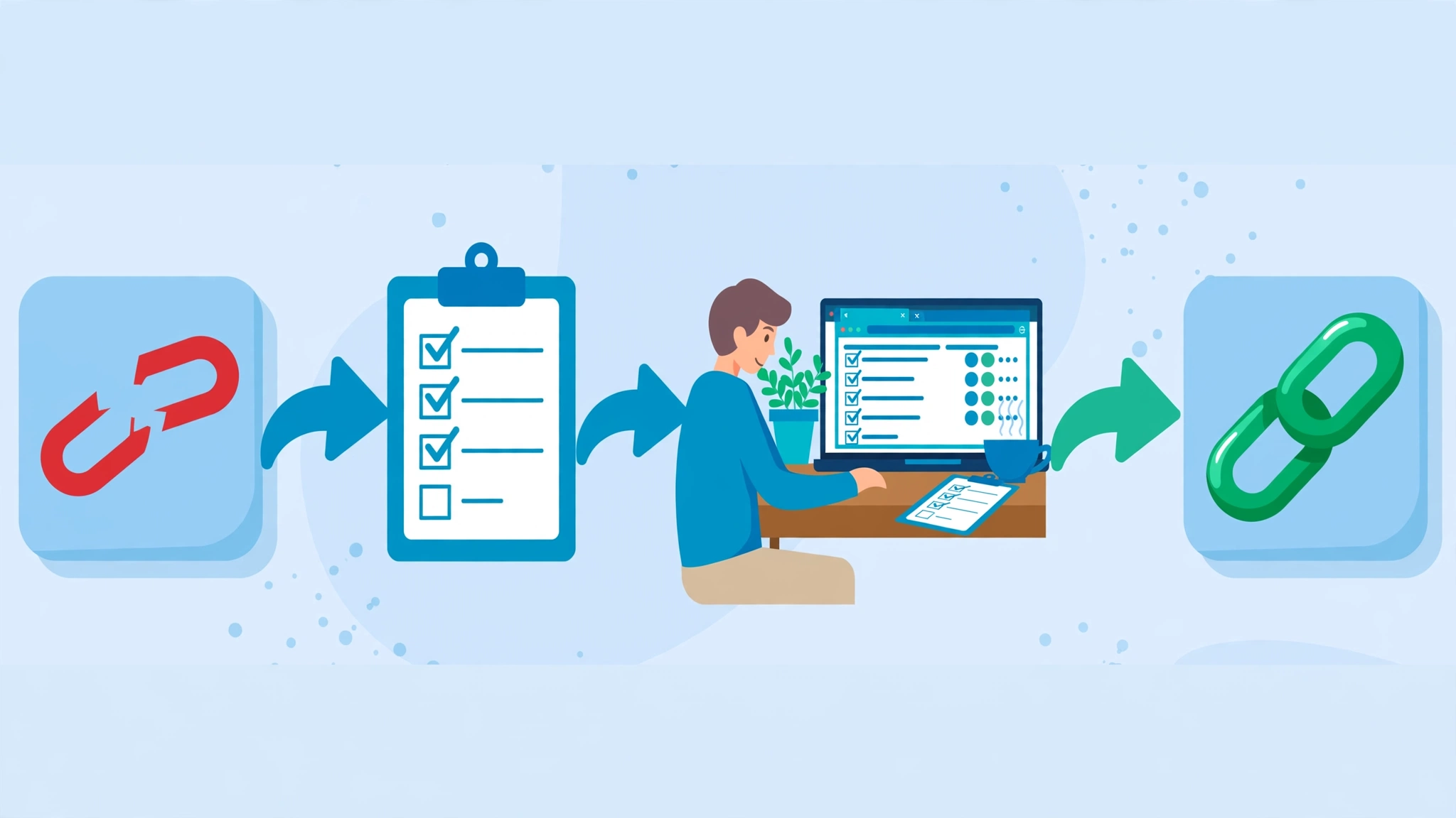 broken link building guide prospecting workflow showing link checker results turning into replacements