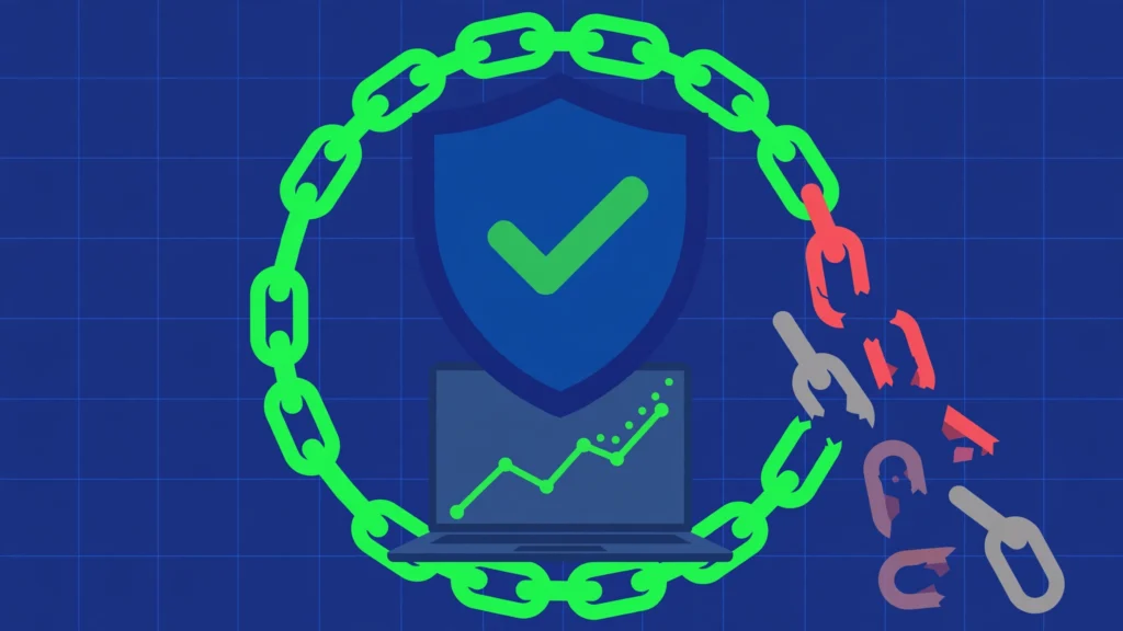 Good spam score for backlinks illustrated as a shield with a checkmark protecting an SEO graph