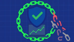 Good spam score for backlinks illustrated as a shield with a checkmark protecting an SEO graph