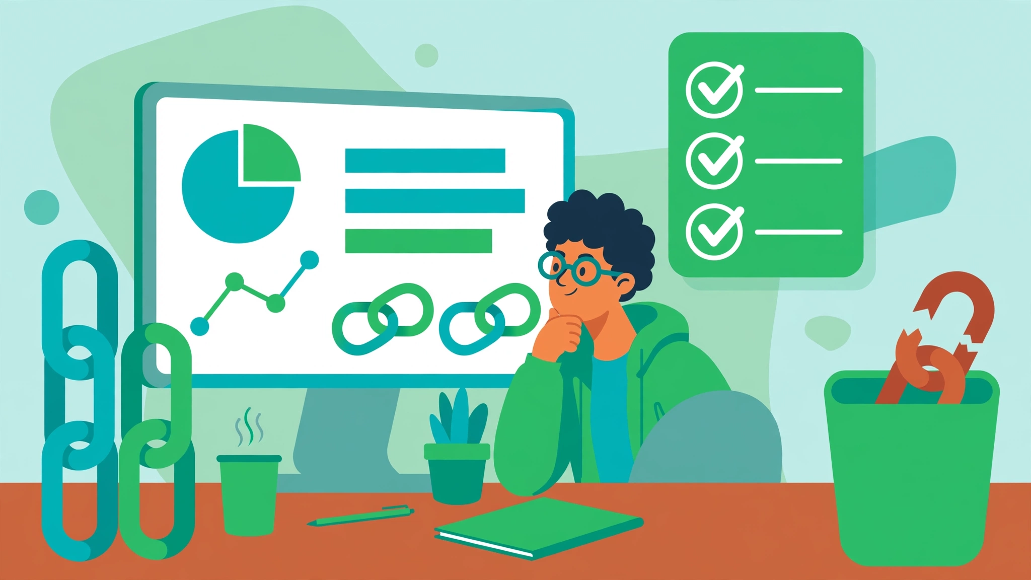 SEO analyst auditing a backlink profile with a safety checklist