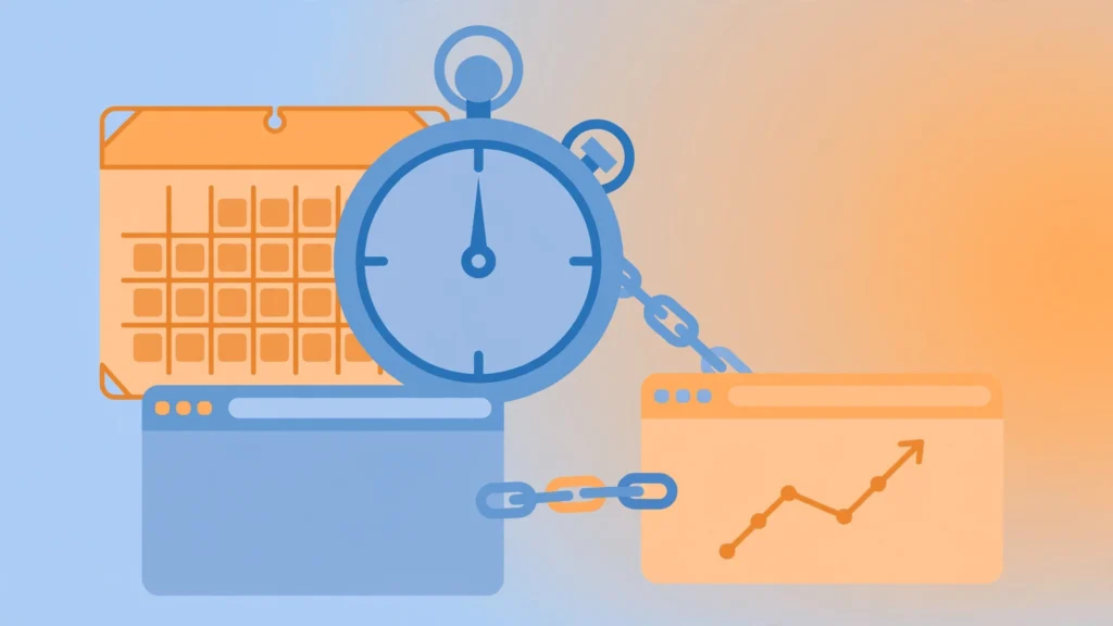 How long do backlinks take to work — stopwatch, calendar and rising ranking chart showing backlink impact stages