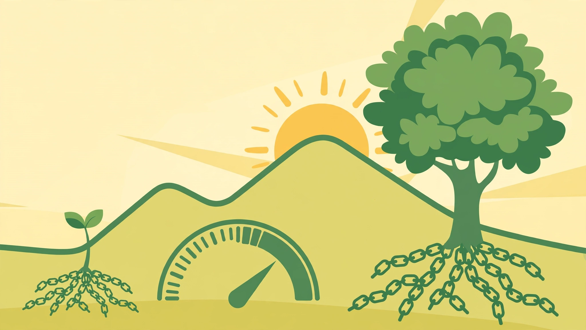 Seedling growing into a tree with link roots, symbolizing how backlink authority compounds over time