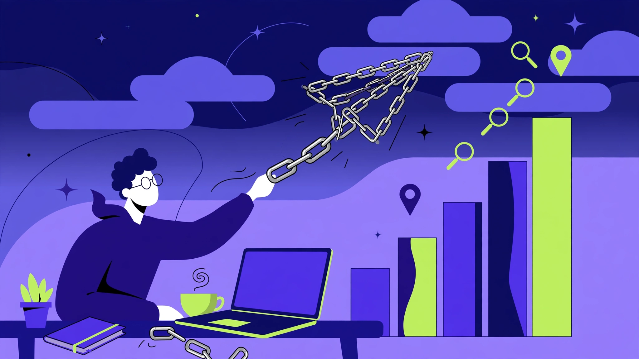 Startup founder launching link-built content toward AI startup link building growth