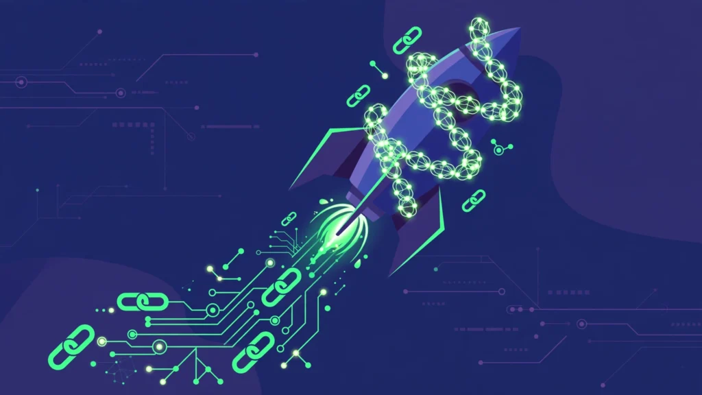 AI startup link building strategy illustration: rocket launching on neural-network chain links