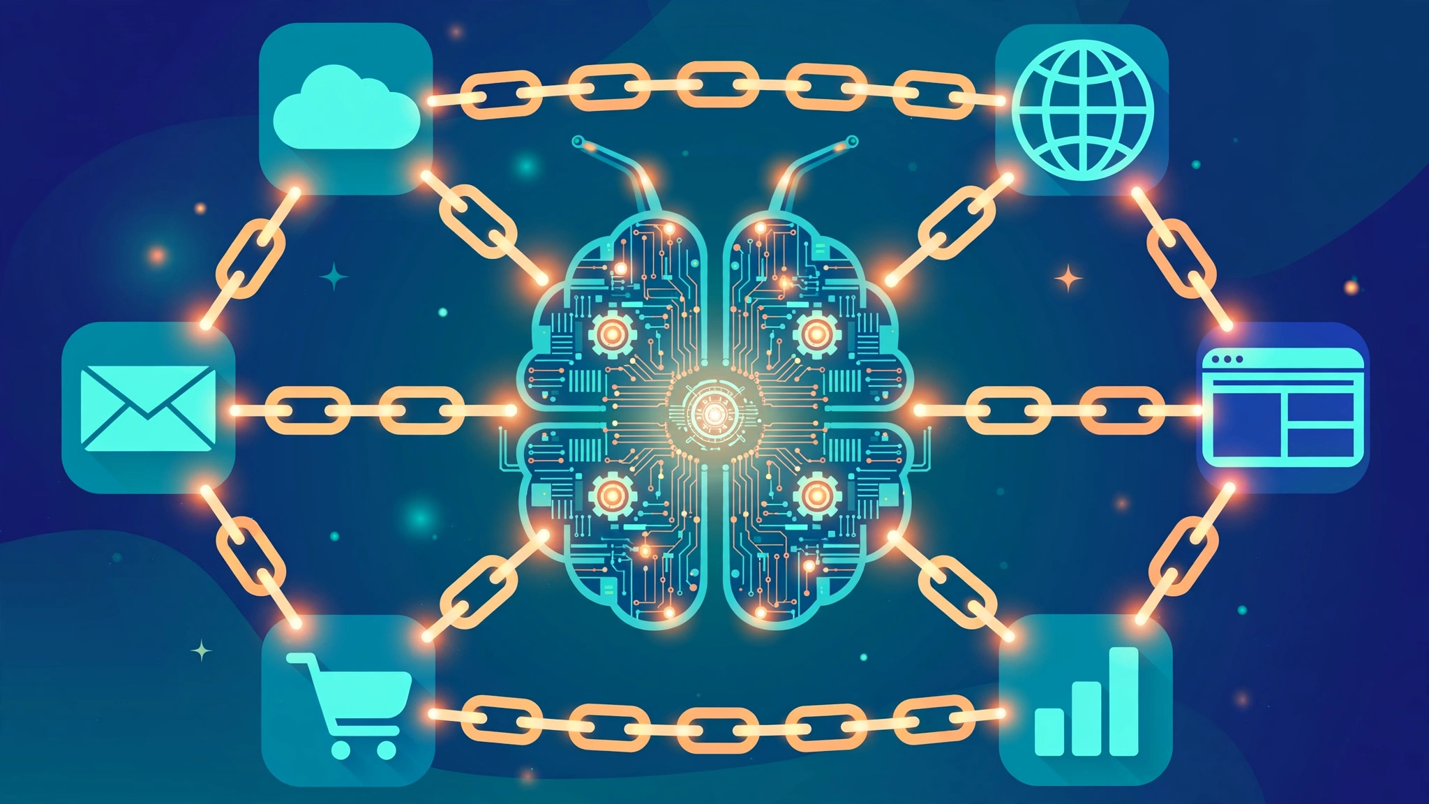 AI brain at the center of a hyperlink network in AI startup link building