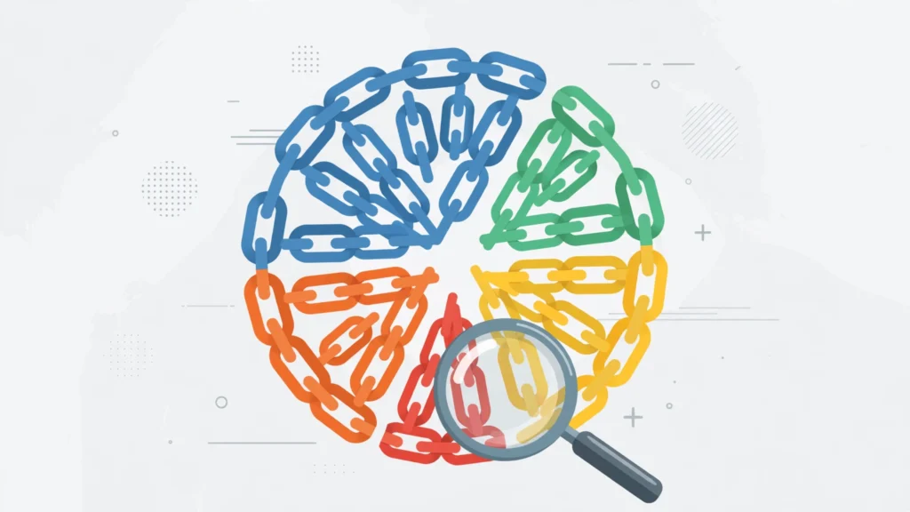 anchor text ratio pie chart of backlink anchor types with magnifying glass on exact match slice