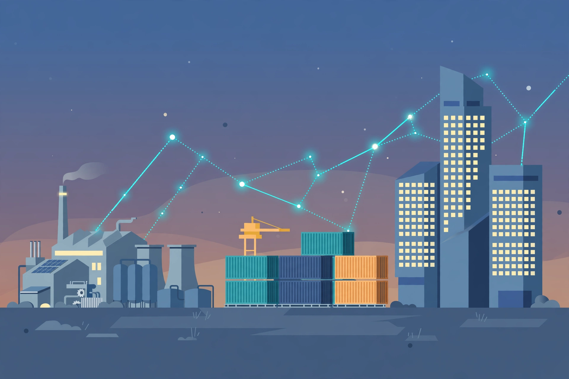 Industrial B2B scene with manufacturing, logistics, and professional services connected by network links