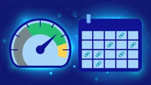 Illustration of a safe backlinks per month pace shown on a speedometer and calendar
