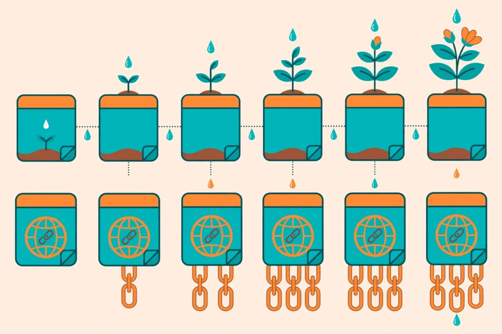 buy backlinks for new website: seedling website growing into a tree with backlink branches
