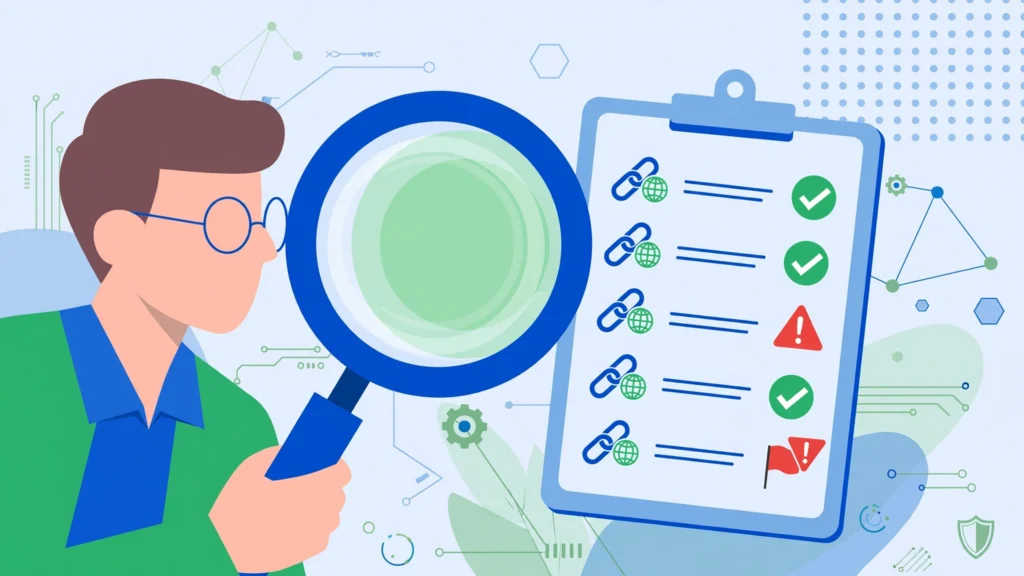 Illustration of a buyer vetting a link building service with a magnifying glass over a checklist — how to choose a link building service