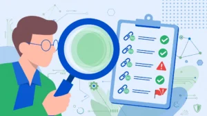 Illustration of a buyer vetting a link building service with a magnifying glass over a checklist — how to choose a link building service