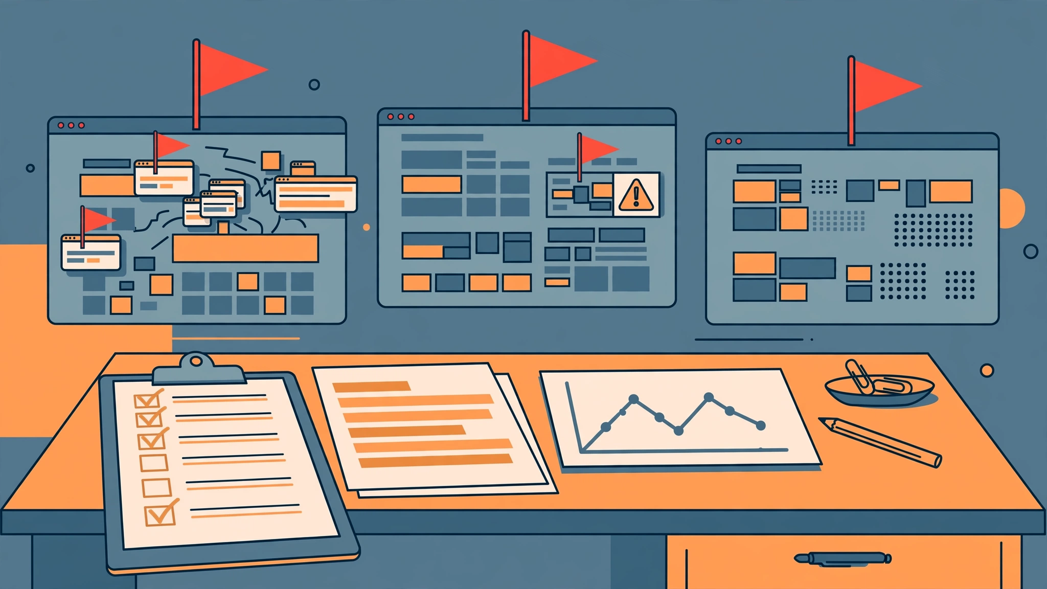 Flat vector illustration of red warning flags on low-quality websites a link building buyer should avoid