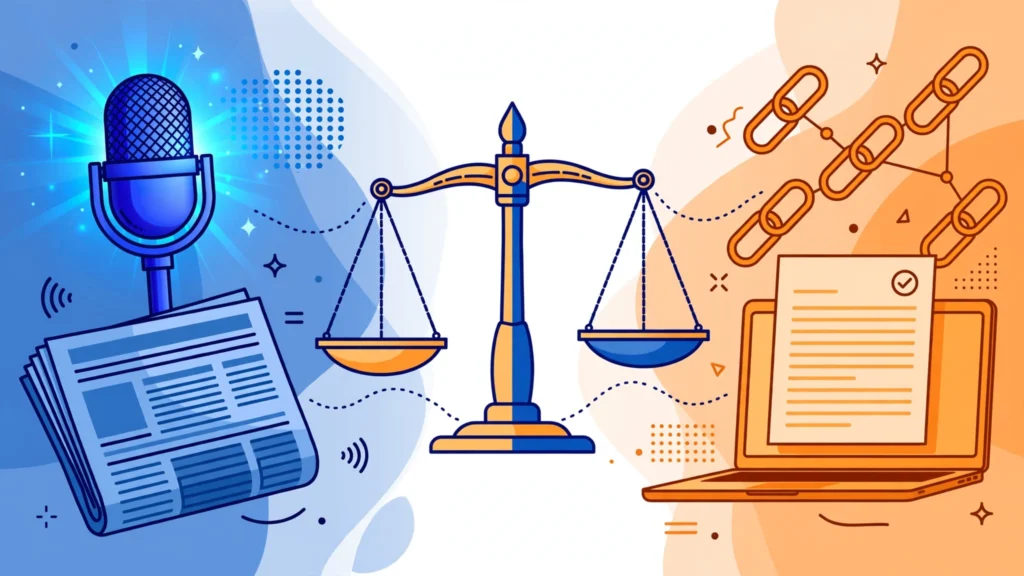 digital pr vs guest posting comparison: press microphone versus laptop with published article