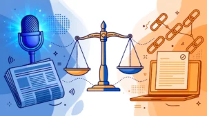 digital pr vs guest posting comparison: press microphone versus laptop with published article