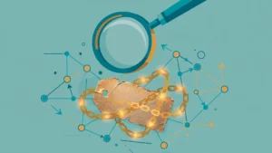 Magnifying glass inspecting an old domain's link profile for expired domains for backlinks quality