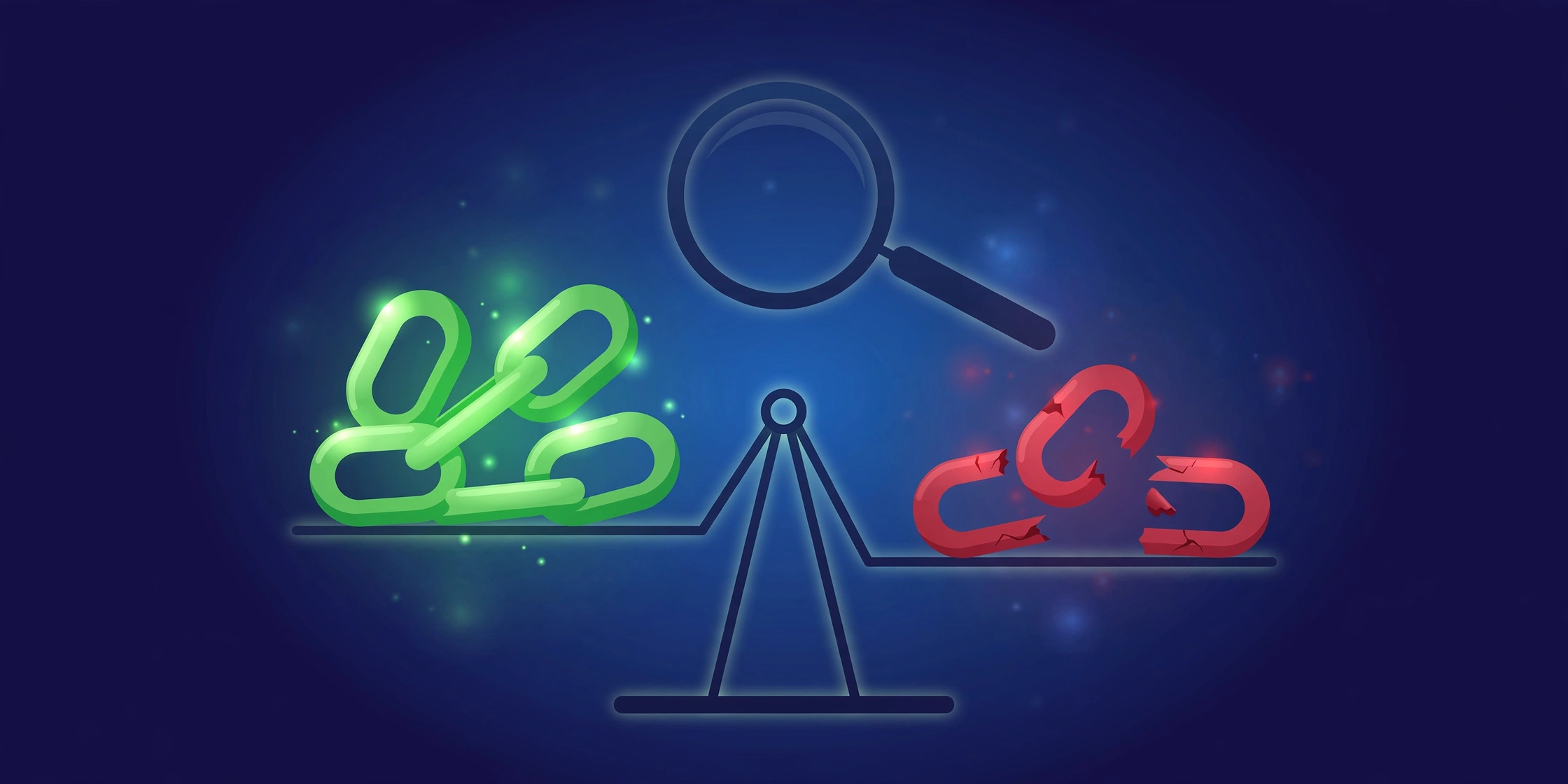Illustration of weighing safe versus risky backlinks on a balance scale