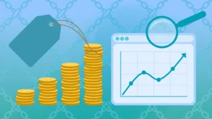 Flat illustration of guest post pricing tiers shown as a rising bar chart of coins with a price tag and magnifying glass