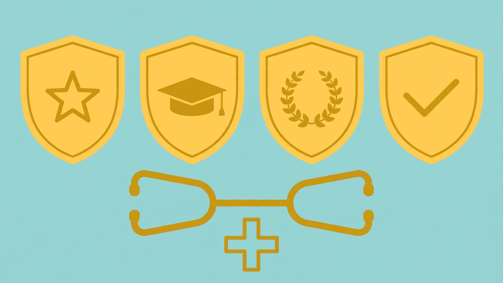 Four E-E-A-T shields representing experience, expertise, authoritativeness and trust for health websites