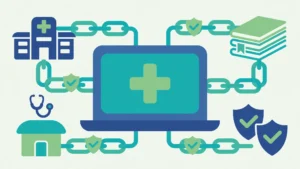 Health website link building illustration showing trust shields and medical website links