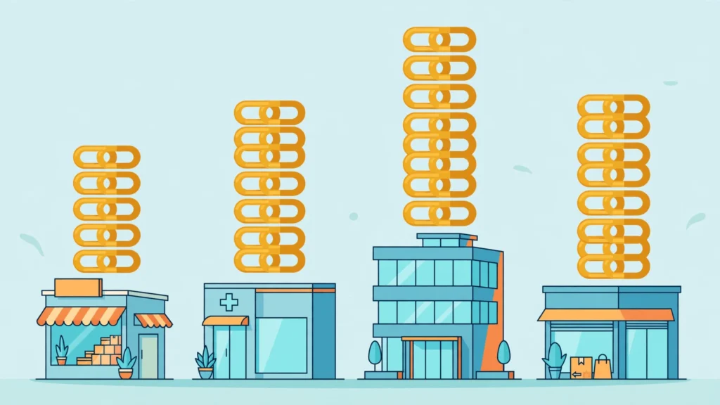 Flat vector illustration showing how many backlinks do I need to rank with a chain-link bar chart and magnifying glass