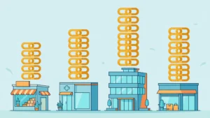 Flat vector illustration showing how many backlinks do I need to rank with a chain-link bar chart and magnifying glass