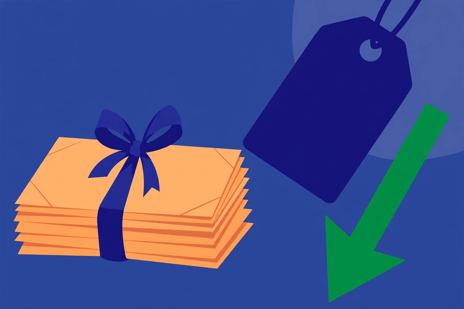 Flat vector illustration of a bundle of documents with a falling price tag and downward arrow showing a volume discount on guest posts