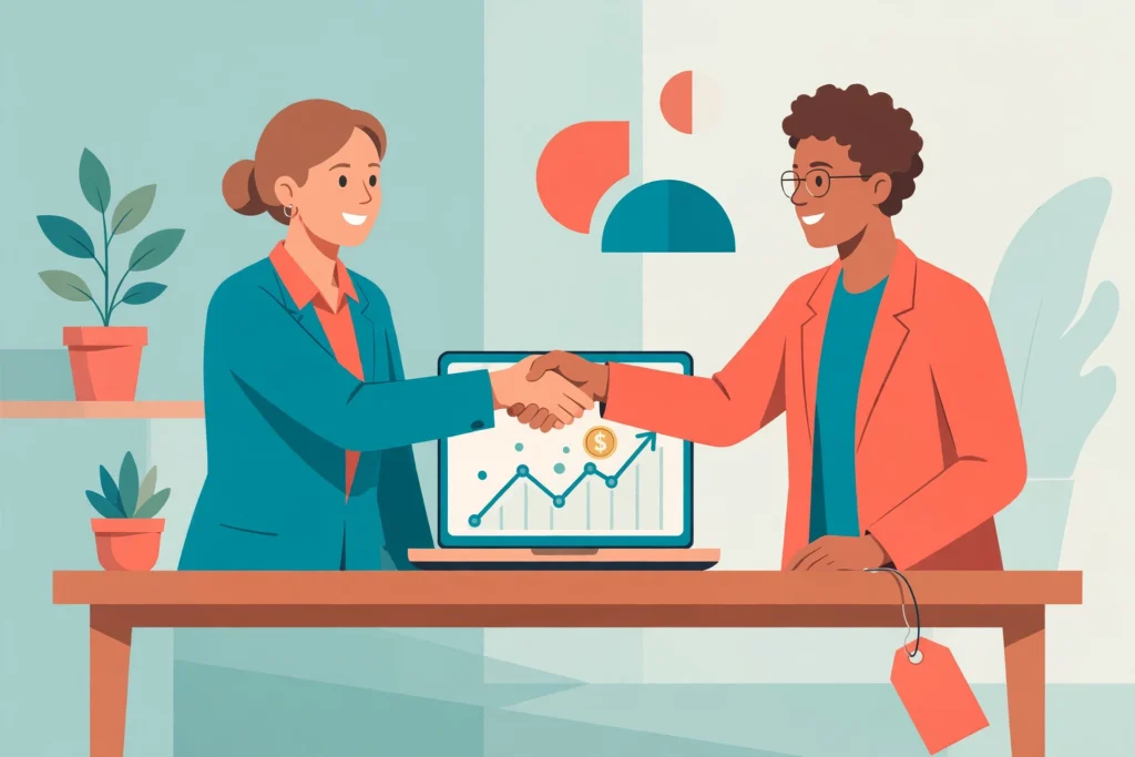 Flat vector illustration of two business people shaking hands over a desk with a price tag falling — how to negotiate guest post prices
