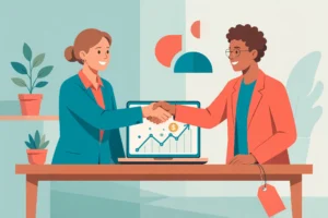 Flat vector illustration of two business people shaking hands over a desk with a price tag falling — how to negotiate guest post prices