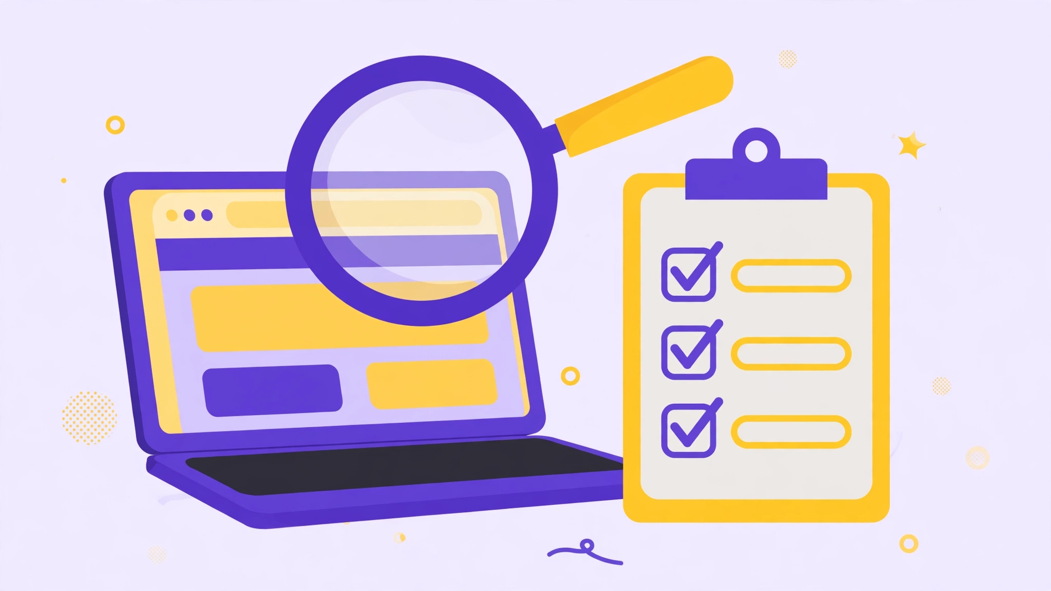 Flat vector illustration of a magnifying glass over a website with a checklist, showing how to vet sites before negotiating guest post prices