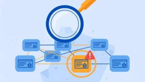 how to spot a PBN — magnifying glass over connected fake blog websites with warning badge