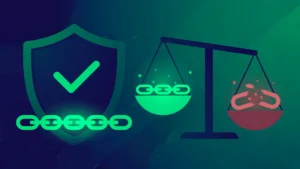 Flat illustration of a shield protecting chain links, representing whether buying backlinks is safe