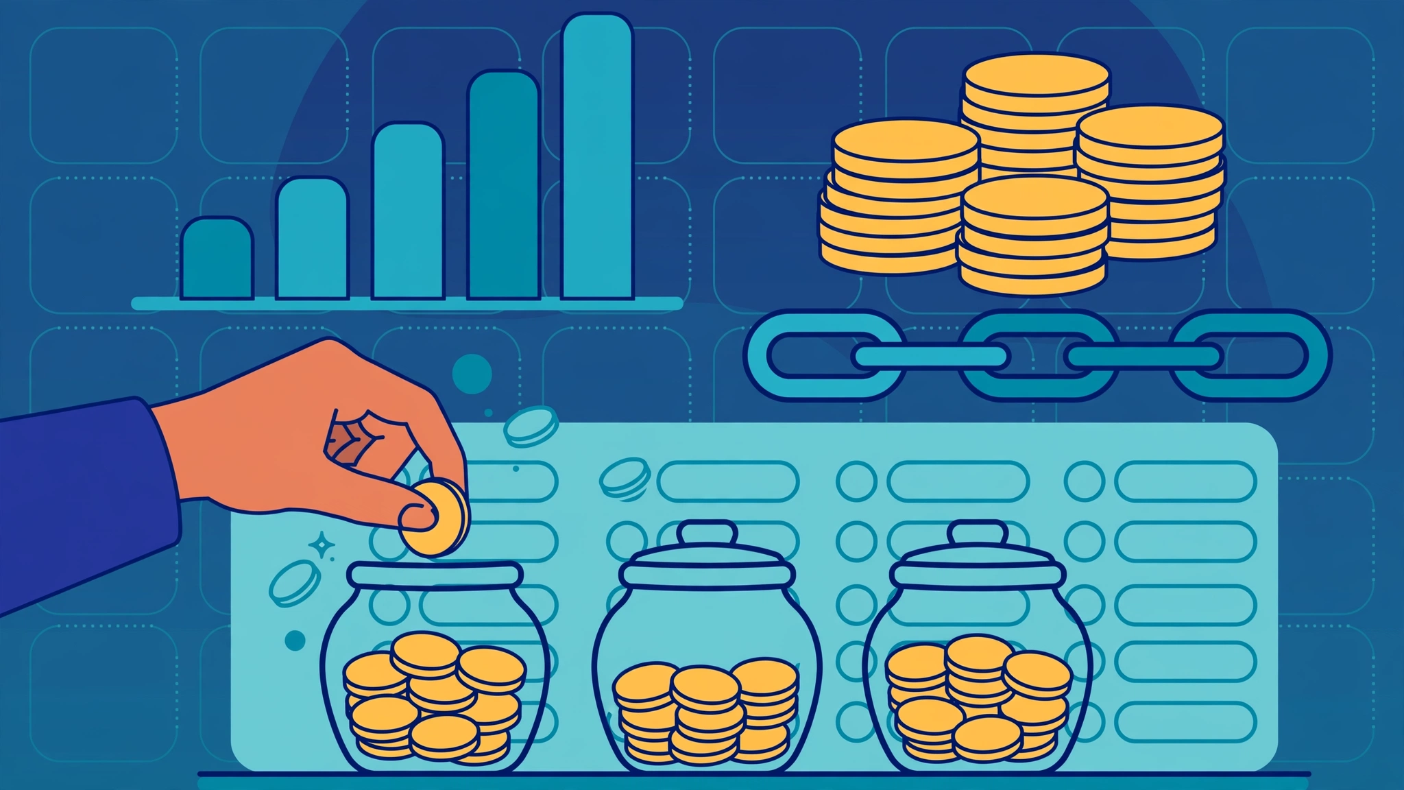 Link building budget worksheet with coins, bar chart, and backlink icons
