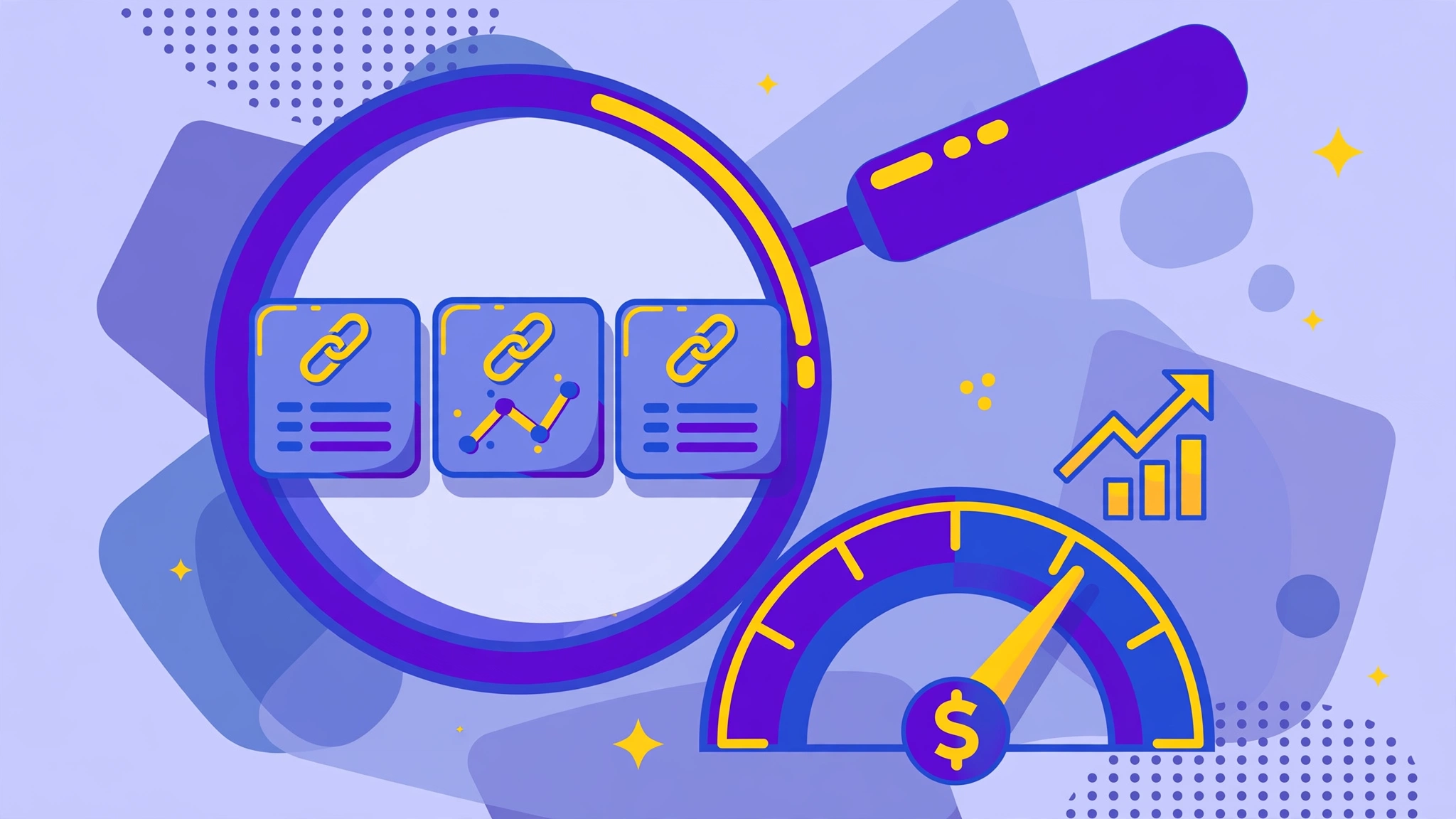 Link building budget analysis dashboard with magnifying glass and growth gauge