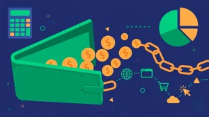 Link building budget planning concept with wallet, coins, and backlink chain icons
