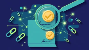 Link building contract checklist with contract, magnifying glass, and backlink icons
