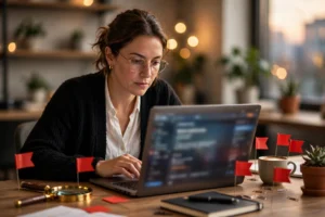 Marketer reviewing link building outreach mistakes with red warning flags on desk
