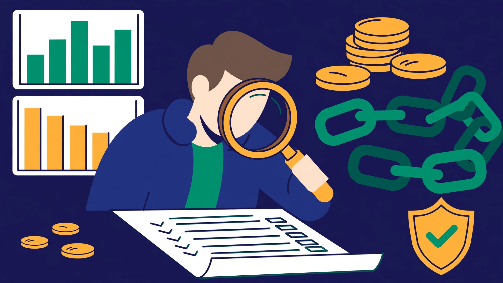 Contract and magnifying glass reviewing link building pricing terms and guarantees