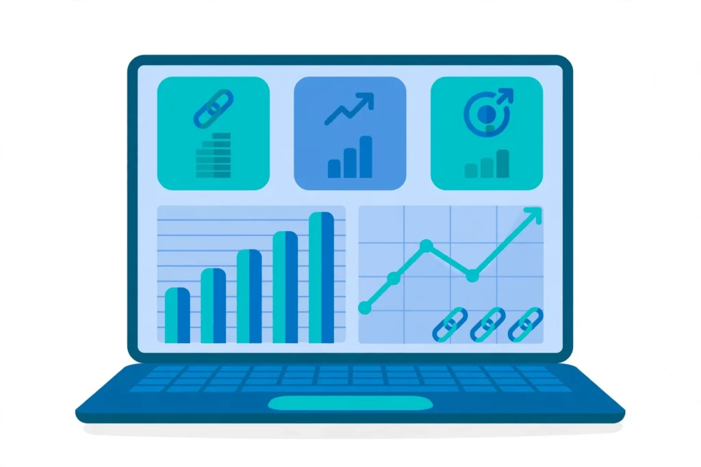 Link building report template dashboard with charts and backlink metrics