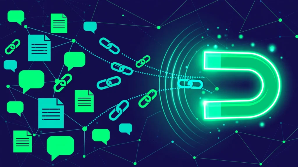 Link reclamation concept illustration: a magnet attracting hyperlink chain links and brand mention speech bubbles