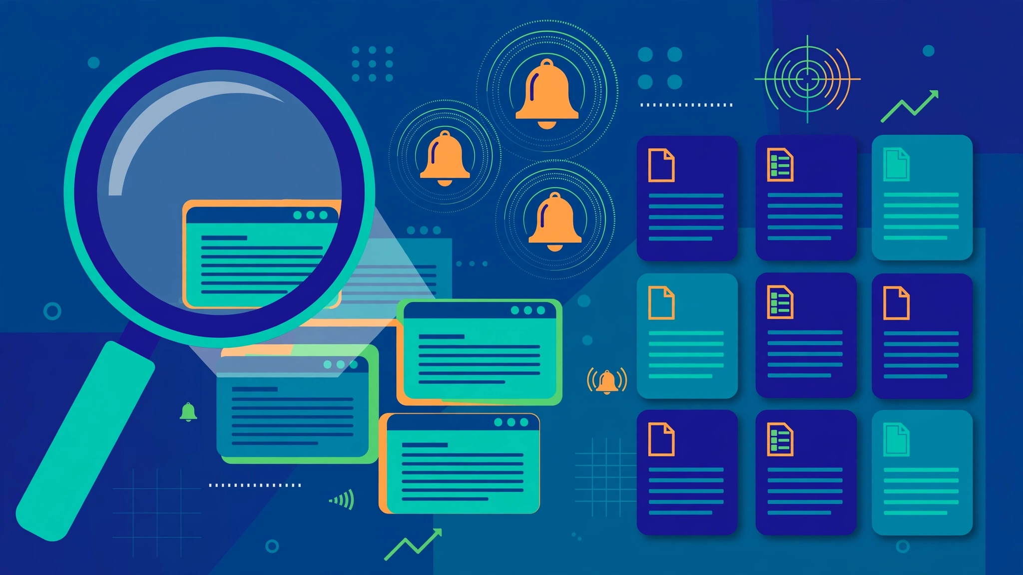Brand monitoring dashboard with a magnifying glass scanning web pages for unlinked brand mentions