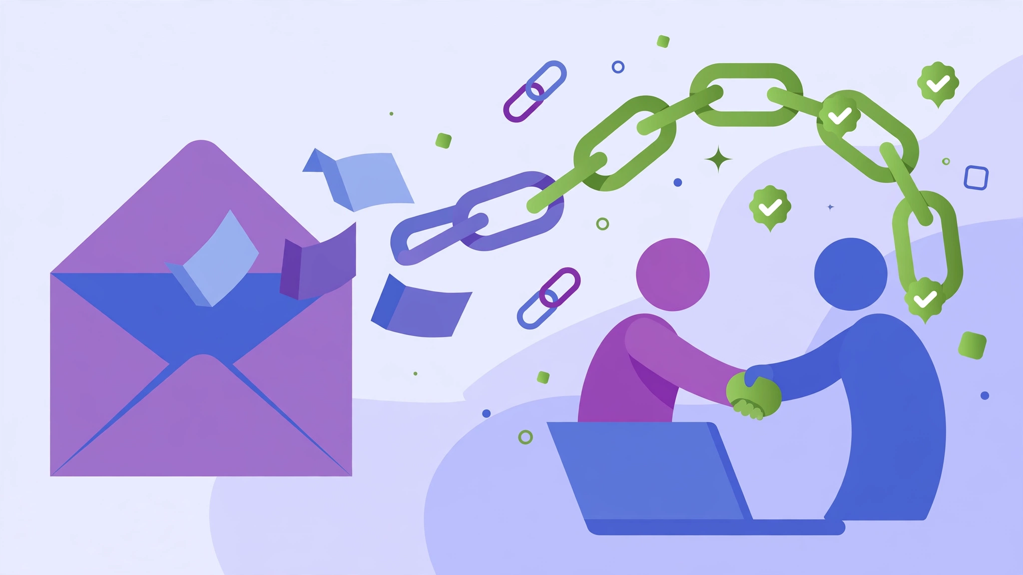 Outreach email transforming into connected backlink chain links beside a handshake