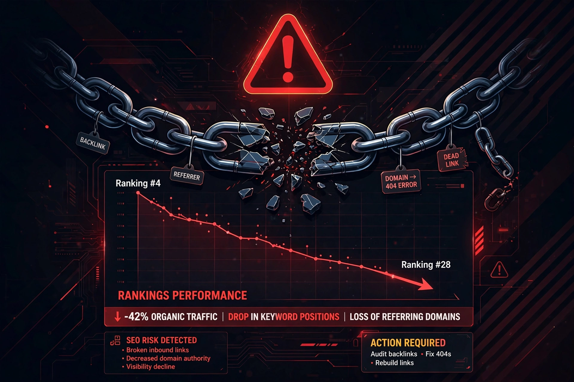 Warning sign over broken backlink chain showing SEO risk