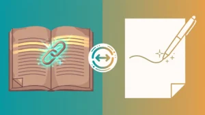 Flat illustration comparing niche edits versus guest posts with a versus badge between an existing article and a new document