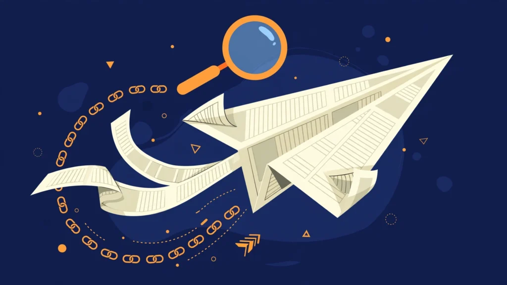 Press release backlinks in 2026: newspaper taking flight with chain links illustration