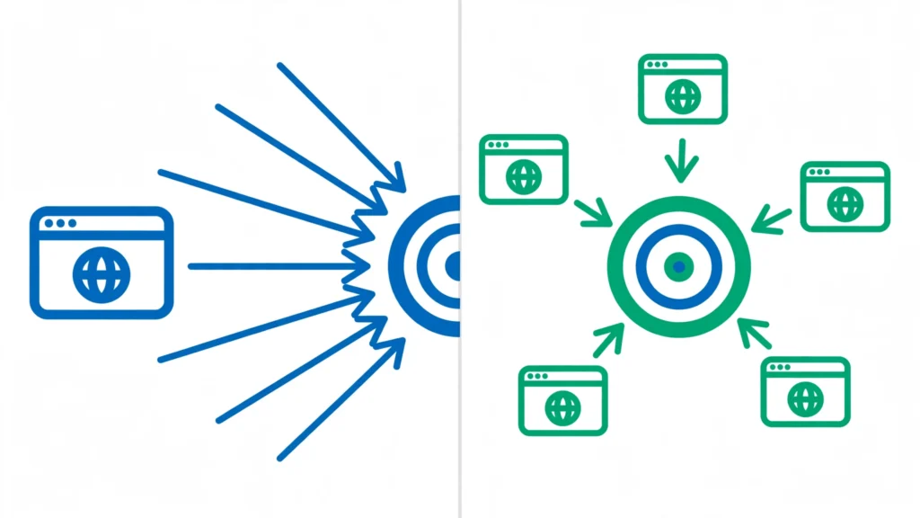 referring domains vs backlinks comparison diagram showing one domain with many links versus many domains linking once each