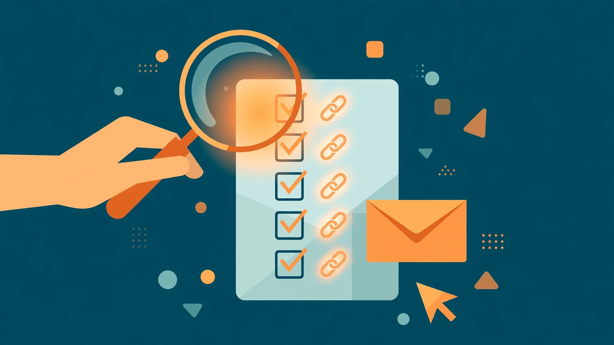 Magnifying glass scanning a qualification checklist for resource page link building prospects