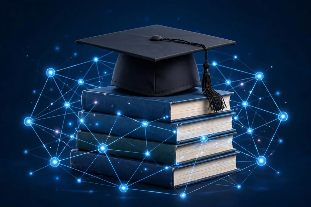 scholarship link building concept — graduation cap with .edu backlink network