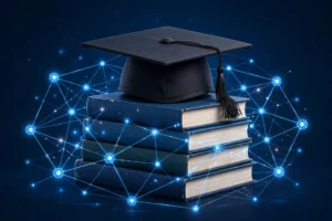 scholarship link building concept — graduation cap with .edu backlink network