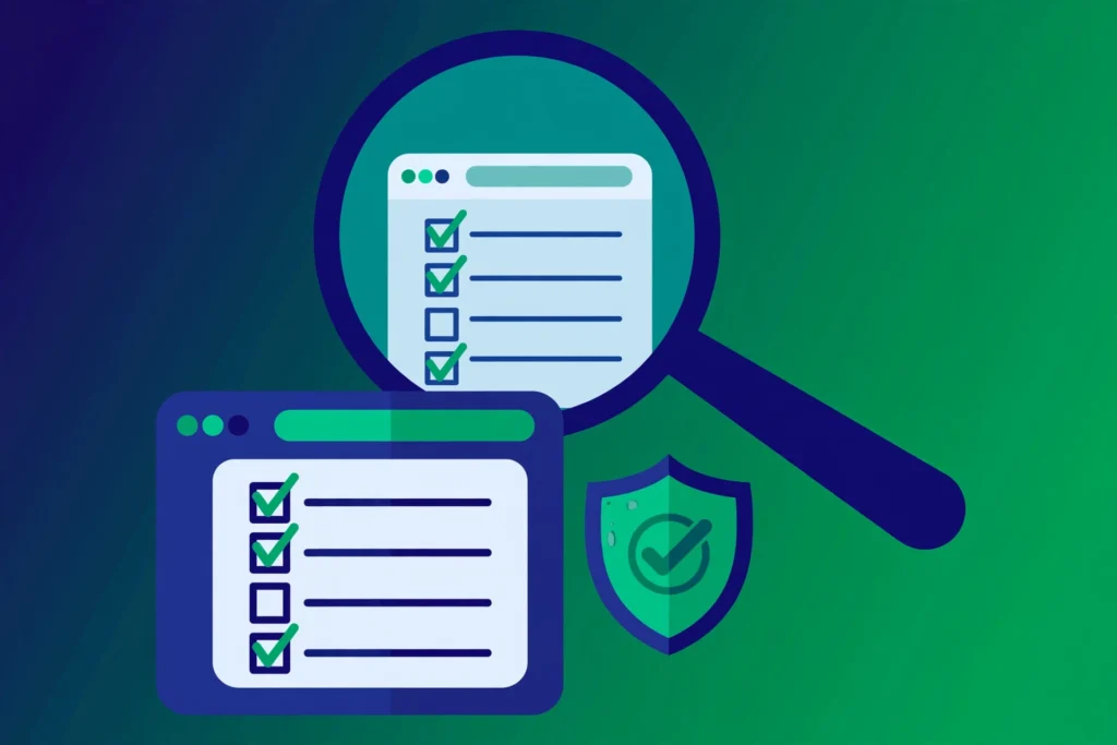 Illustration of how to vet guest posting sites with a magnifying glass and checklist.